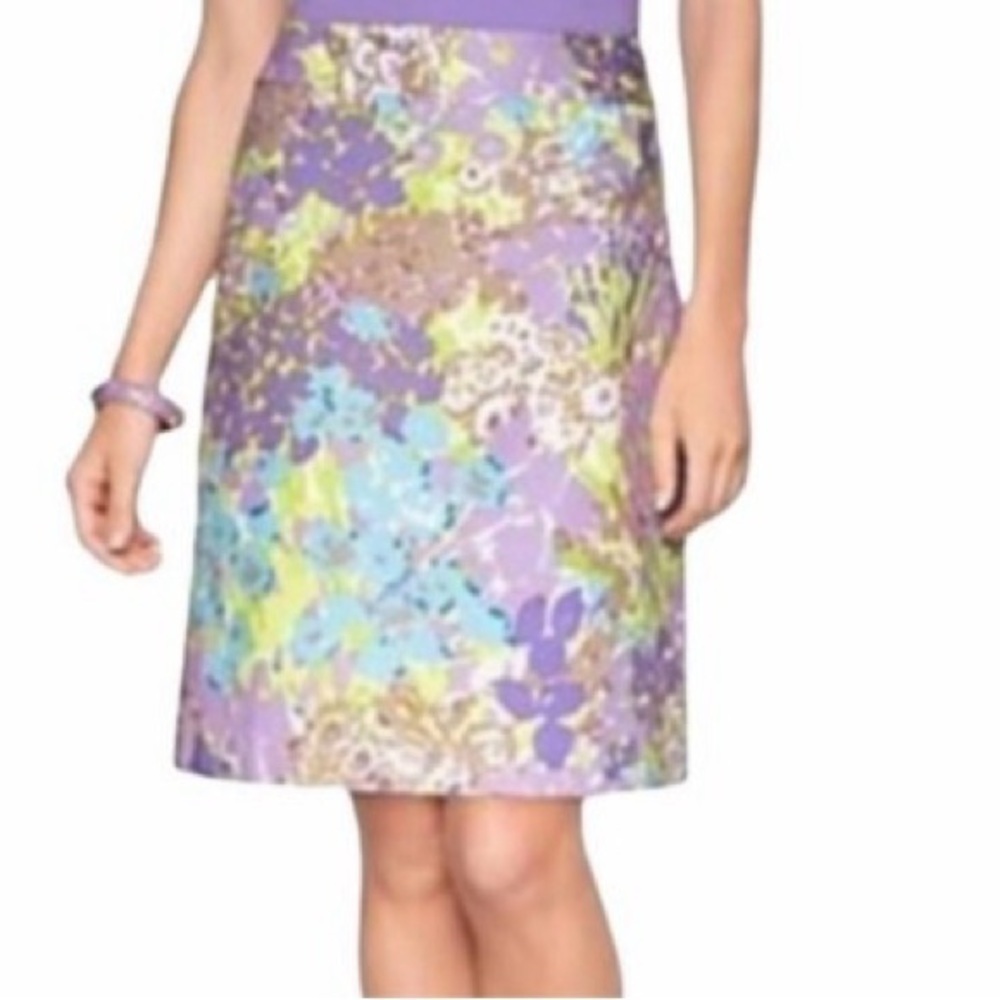 TALBOTS Women's Purple & green watercolor floral stretch skirt knee length 6